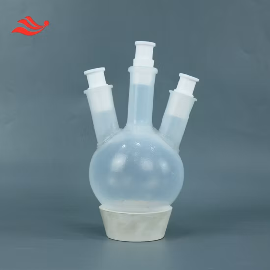 Werkseitig angepasster PTFE-Vierhalskolben mit rundem Boden